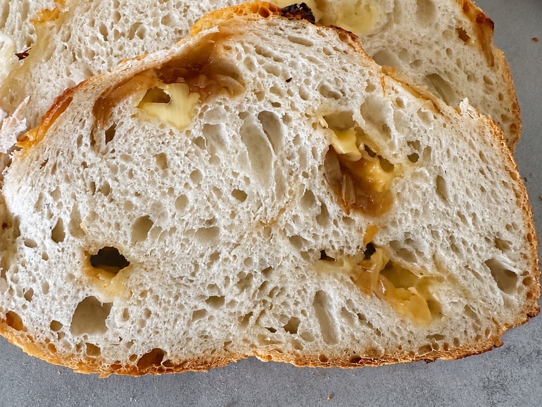 Sourdough caramelised onions and gouda cheese